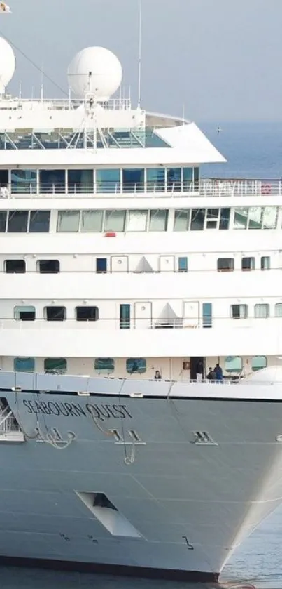 Elegant white cruise ship sailing on serene blue ocean.