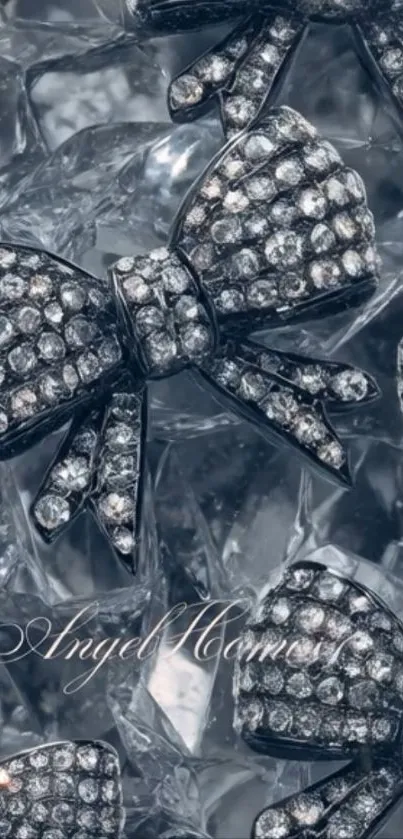 Elegant wallpaper with crystal bows on a shimmering background.