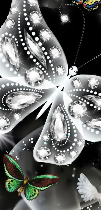 Elegant wallpaper featuring a crystal butterfly with luminous details on black background.