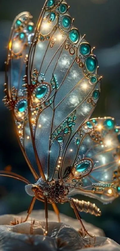 Jewelry-inspired butterfly with turquoise gemstones and metallic details.