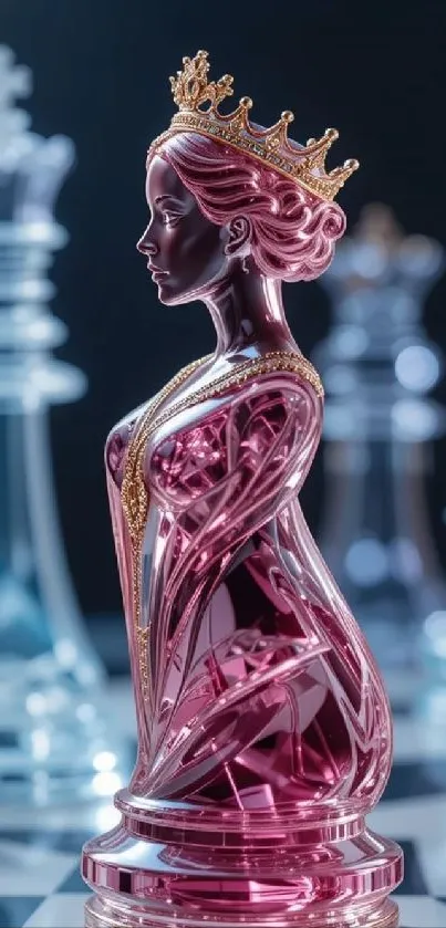 Luxurious pink crystal chess queen with intricate crown design.