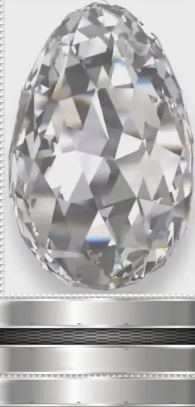 A sparkling crystal diamond on a silver metallic background.