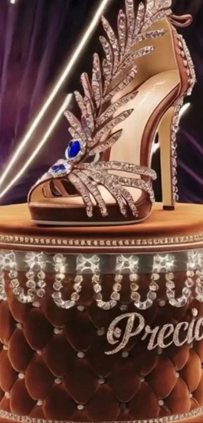 Luxurious brown high heel with crystals on elegant display.
