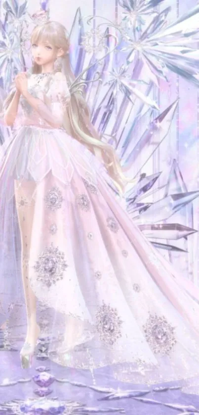 Enchanting princess in a crystal dress with pastel pink hues.