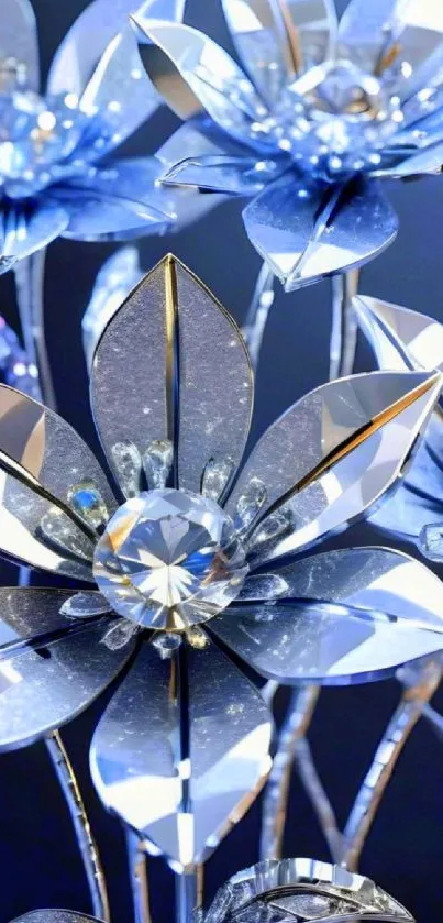 Elegant blue and silver crystal flower design wallpaper.