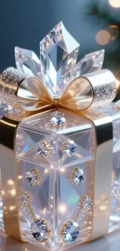A crystal gift box with gold ribbon and diamond accents.