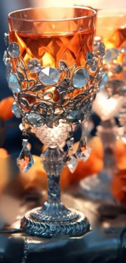 Elegant crystal goblet with orange tones and luxurious accents.