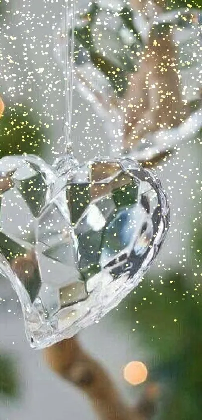 Crystal heart ornaments with a blurred green background.