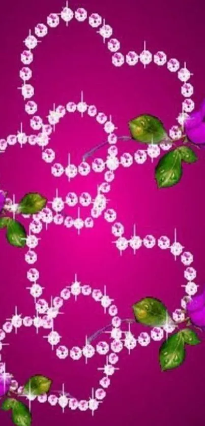 Elegant wallpaper with crystal hearts and purple roses on magenta.