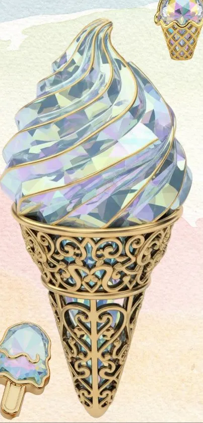 Elegant crystal ice cream cone with ornate design and pastel colors.