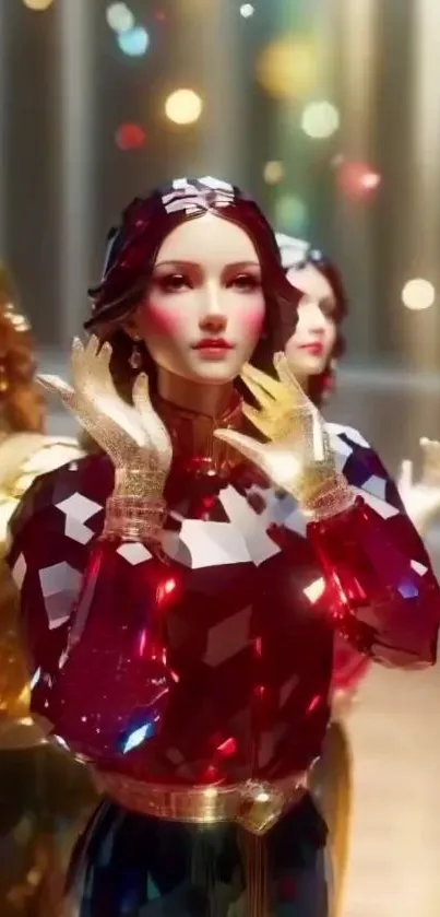 Elegant crystal mannequins with luminous reflections in a glamorous setting.