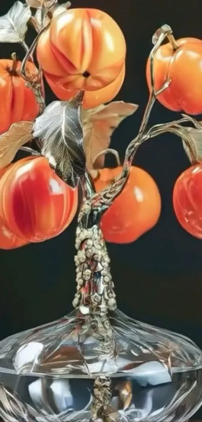 Crystal vase with decorative orange tree sculpture.