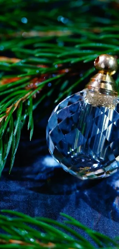 Elegant wallpaper with crystal ornament and lush pine branches.