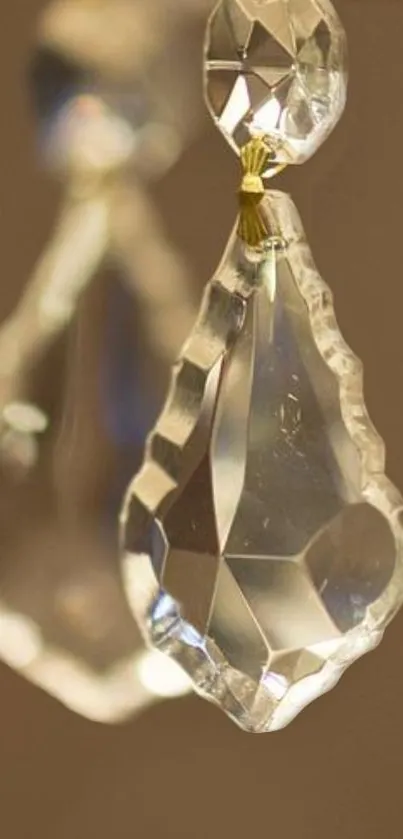 Close-up of elegant, shimmering crystal ornament with brown background.