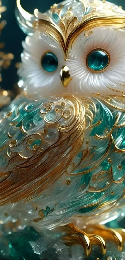 An elegant crystal owl with emerald and gold details.
