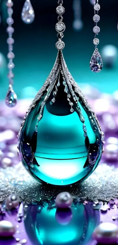Elegant turquoise droplet with jewels mobile wallpaper.
