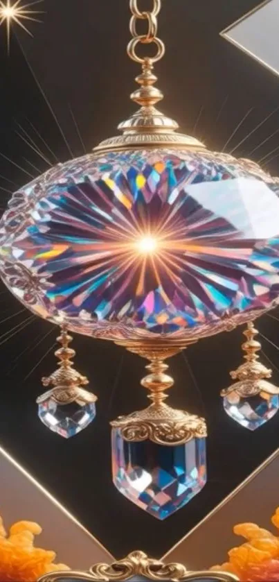 Elegant crystal pendant with golden details and shimmering reflections.