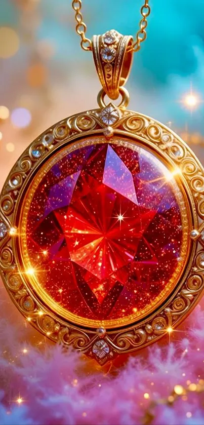 Elegant pendant with red crystal and gold design.