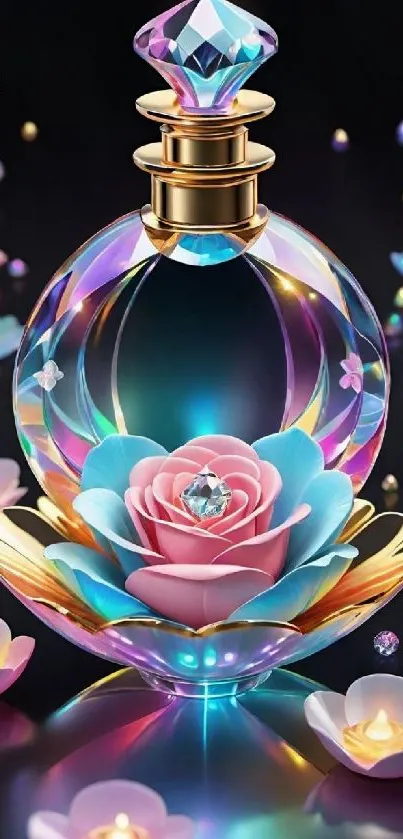 Crystal rose and perfume bottle wallpaper with glowing flowers.