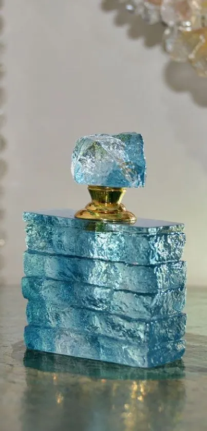 Elegant crystal perfume bottle with soft blue hues.