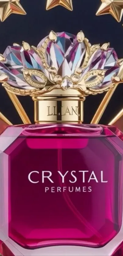 Luxurious crystal perfume bottle with gold accents and jewels.