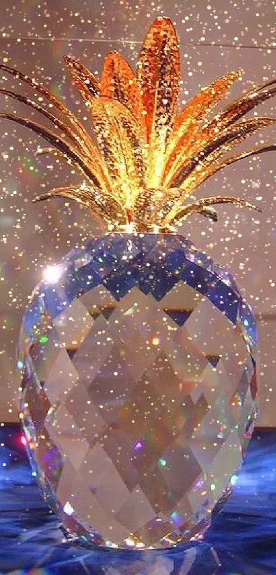 Golden crystal pineapple surrounded by blue light reflections.