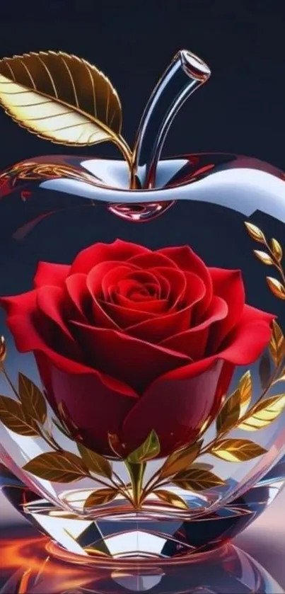 A red rose encased in a transparent crystal apple with golden leaves.