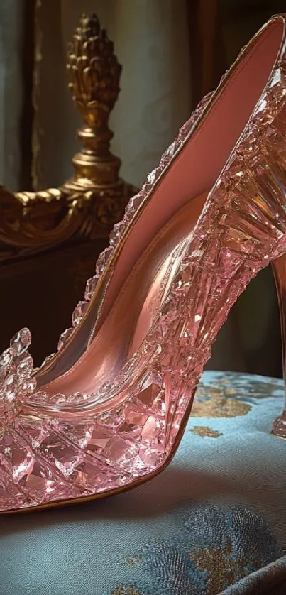 Elegant crystal high-heel shoe on a luxurious cushion