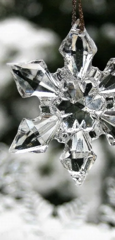 Crystal snowflake ornament in a winter scene with icy details.