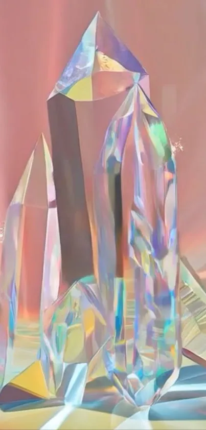 Iridescent crystal structures on pastel background.