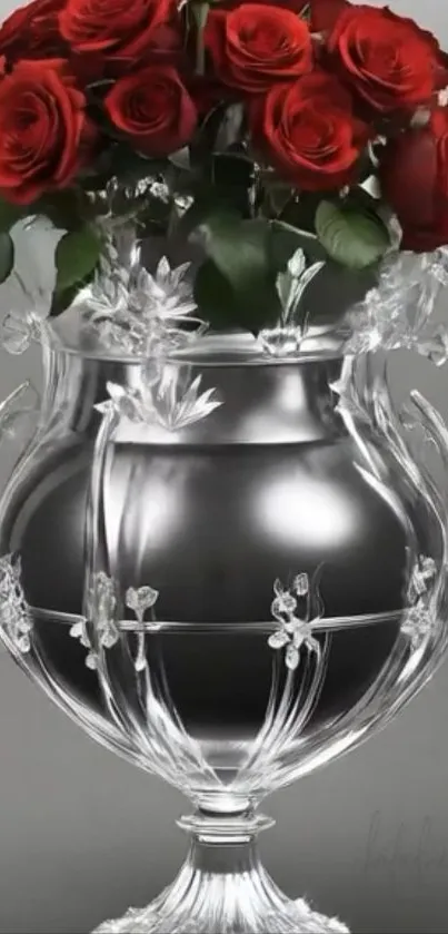 Crystal vase with red roses on a gray background.
