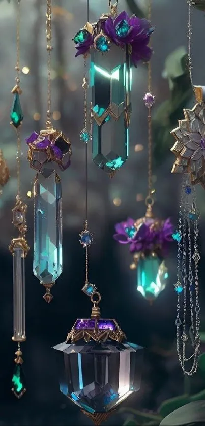 Intricate gold and teal crystal decorations hanging on a serene background.