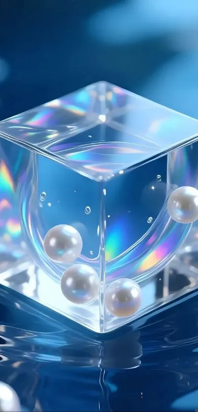 Transparent cube with pearls on blue background