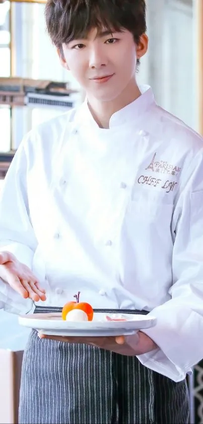 Chef presenting a gourmet dish in a modern kitchen setting.