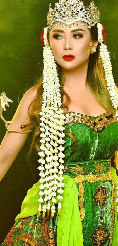 Elegant woman in green traditional attire with ornate details and jewelry.