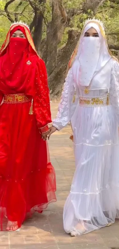 Two women in red and white traditional dresses outdoors.