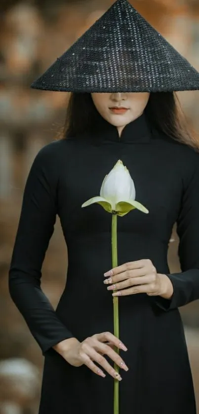 Woman in traditional attire with a white lotus, set against a warm background.