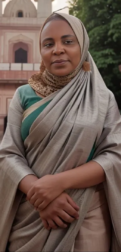 Elegant woman in traditional attire with historical architecture.