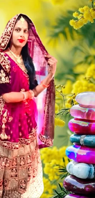 Elegant woman in traditional attire with colorful stones and floral background.