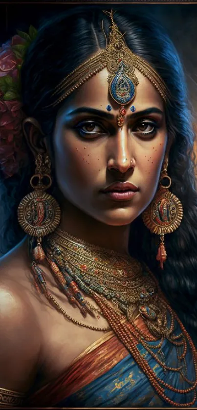 Elegant cultural portrait with traditional jewelry and vibrant colors.