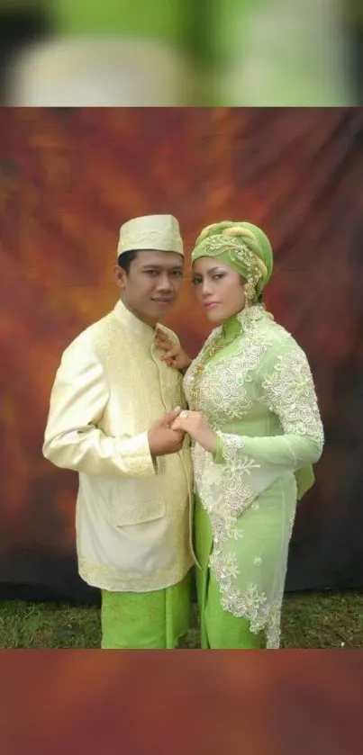 Elegant couple in traditional wedding attire with vibrant colors.