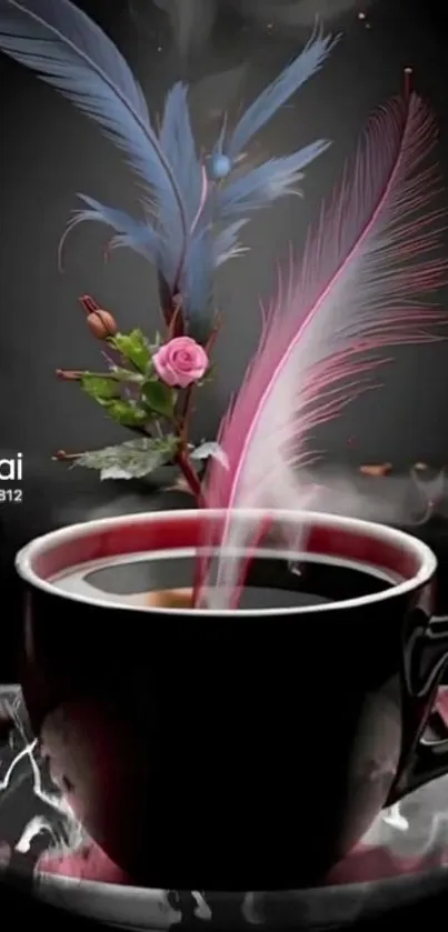 Elegant coffee cup with feathers and roses.