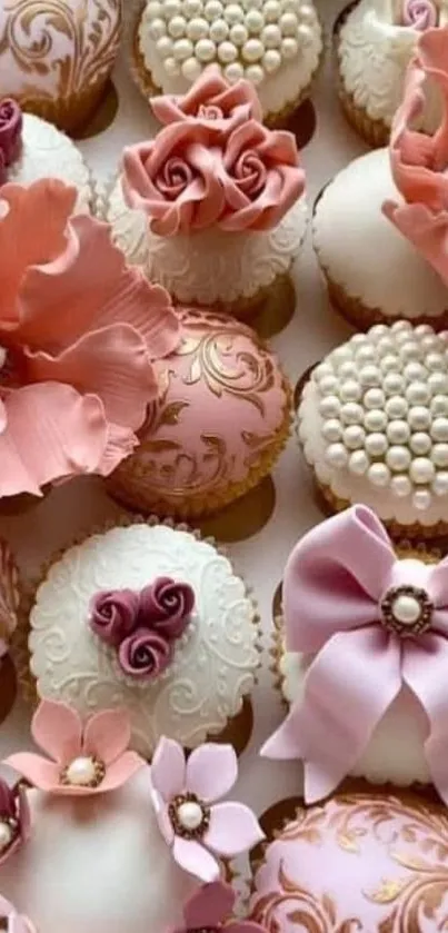 Elegant cupcakes with floral decorations and pearls on a mobile wallpaper.