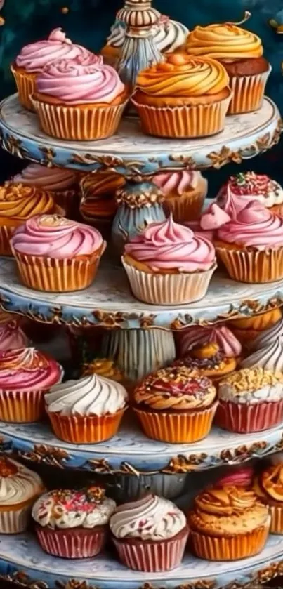 A beautifully arranged cupcake stand with ornate designs and floral accents.