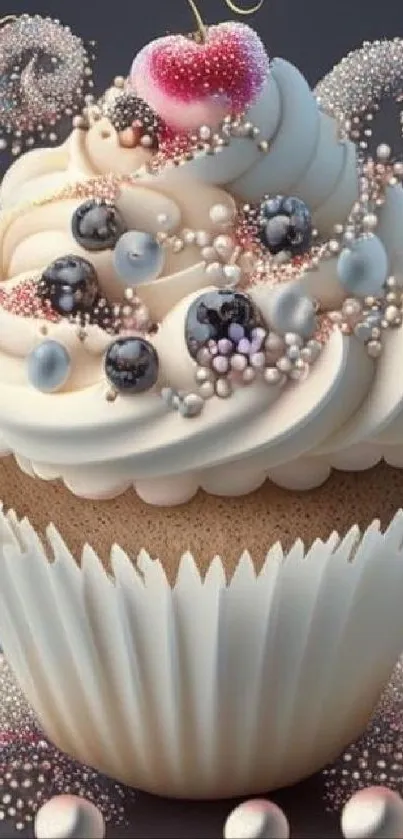 Elegant cupcake with creamy swirls and berries as wallpaper.