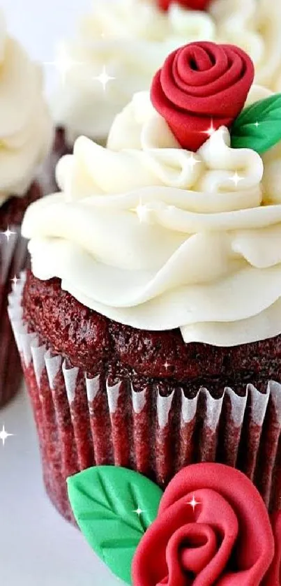 Red velvet cupcakes with rose decorations.