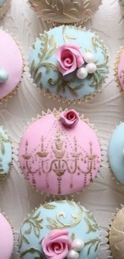 Pastel pink and blue cupcakes with elegant designs.