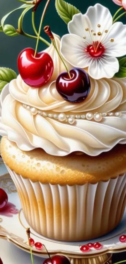 A beautifully decorated cupcake with cherries and flowers on porcelain.