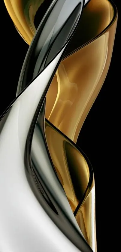 Abstract design with elegant curves in gold and silver on a black background.