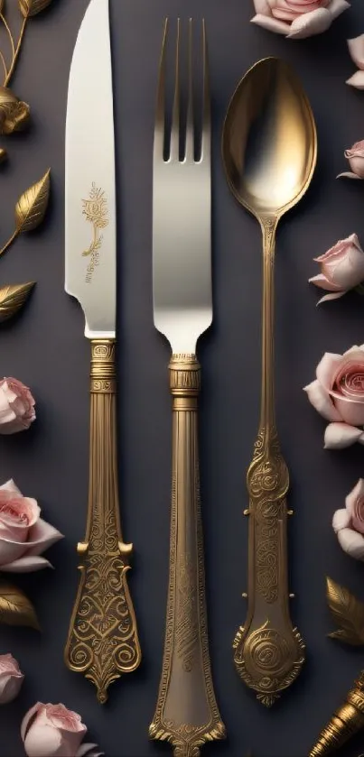 Elegant gold cutlery with pink roses and a dark background design.